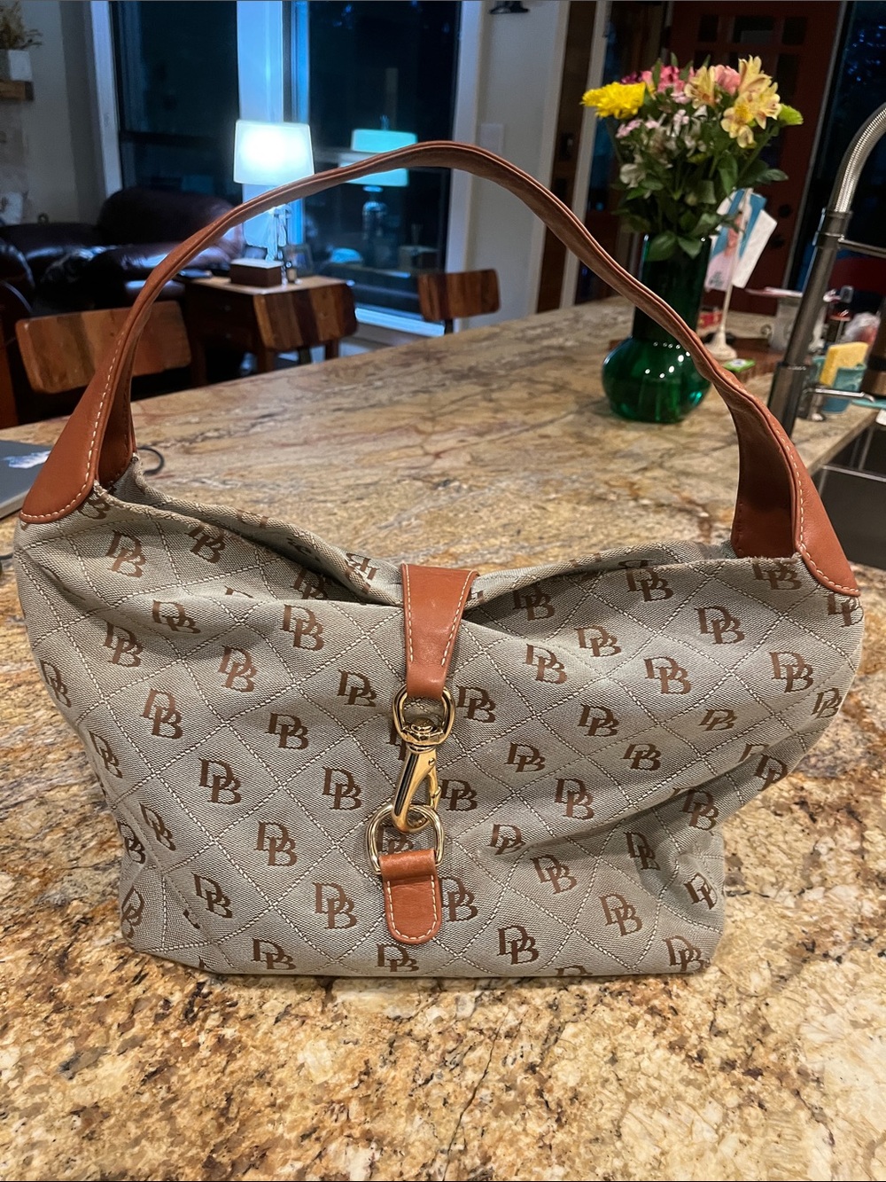 Dooney & Bourke light blue Shoulder Bag with Tan Leather Trim